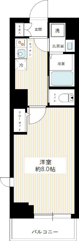 ルクシェール蒲田の間取り|西向きバルコニー北西角部屋の1K洋室8帖バストイレ別独立洗面台