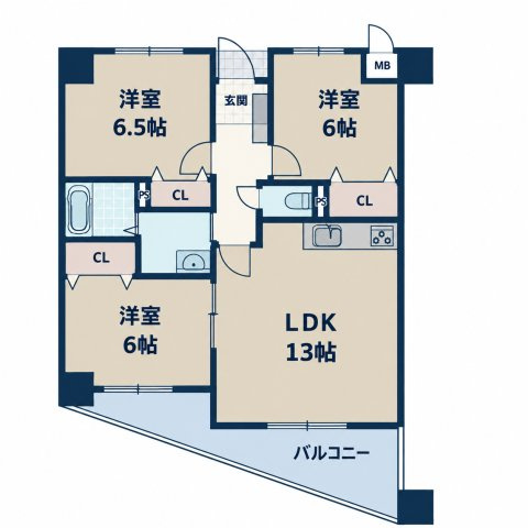 グランドパレス守恒Ⅱの間取り|使い勝手の良い3LDK♪ご家族それぞれのお部屋を確保しやすく、ライフスタイルに合わせて活用できます♪