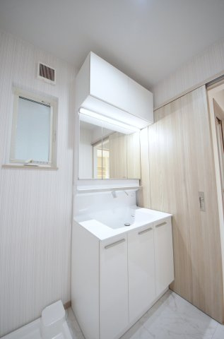 草津本町の独立洗面台|清潔感あふれるシャワー付洗面台と洗面室。収納もある余裕のスペース。窓もあり明るく通気も良いです