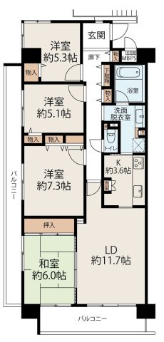 【間取り】 | ファミール北大阪リンクス | 三方角部屋・専有面積広々９０㎡・４ＬＤＫ・全居室収納有