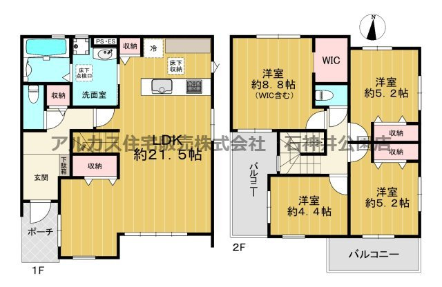 所沢市下安松　新築一戸建　武蔵野線　東所沢の間取り|大型リビングとWIC付洋室が印象的な4LDKですが、
LDKに間仕切りを設けることで5LDKの選択肢も残した設計です。
