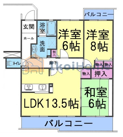 ウェル・メロード狩場台第3　26号棟の間取り|【ホームページに現地動画掲載中】●年中無休：当日予約可●LDK13.5帖の横には和室6帖のお部屋あり