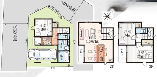 【間取り】 | ふじみ野市北野2丁目　新築一戸建住宅　全1棟　（ふじみ野店） | ３階建ての３LDK邸宅になります。陽当り良好の２階LDKは家族との会話が弾む対面式キッチンを採用。主寝室は７帖と広々とした空間となっております。