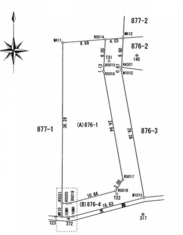 平野区瓜破東4丁目の区画図|土地面積399㎡（約120.7坪）の広々とした敷地です。区画図で土地の形状や前面道路との位置関係をご確認いただけます。約4ｍの道路に接道しており、土地の広さを活かしたプランをご検討いただけます。