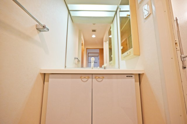 エステムコート吹田片山公園フローラの独立洗面台|シャワー付き洗面化粧台を採用し、毎日の身支度や洗顔も快適に。洗面ボウルのお掃除や衣類の手洗いにも便利で、忙しい朝の時間をサポートしてくれます。