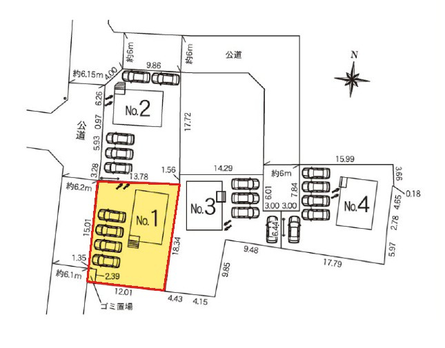 新築　太田市市場町第7　1号棟の区画図|全4区画の1号棟です。土地約72坪。