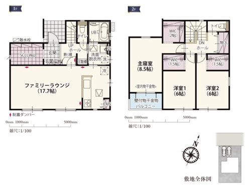 【間取り】 | 玄関には約3帖の土間収納がついたアウトドア派にも嬉しいプラン！リビングは南側一面に配置することで一日中自然光が入りやすく明るい間取りです。2階は全居室ウォークインクローゼット付きでお部屋はスッキリ♪