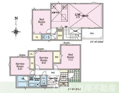 茅ヶ崎市中島　新築戸建　全３棟の間取り|南向き　２LDK+2S