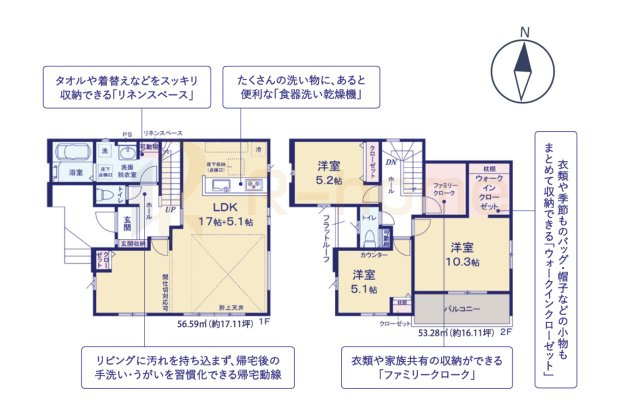 牛久市田宮町31期　新築戸建て　1号棟の間取り|3LDK＋WIC＋ファミリークローク、土地面積173.99m2、建物面積109.87m2