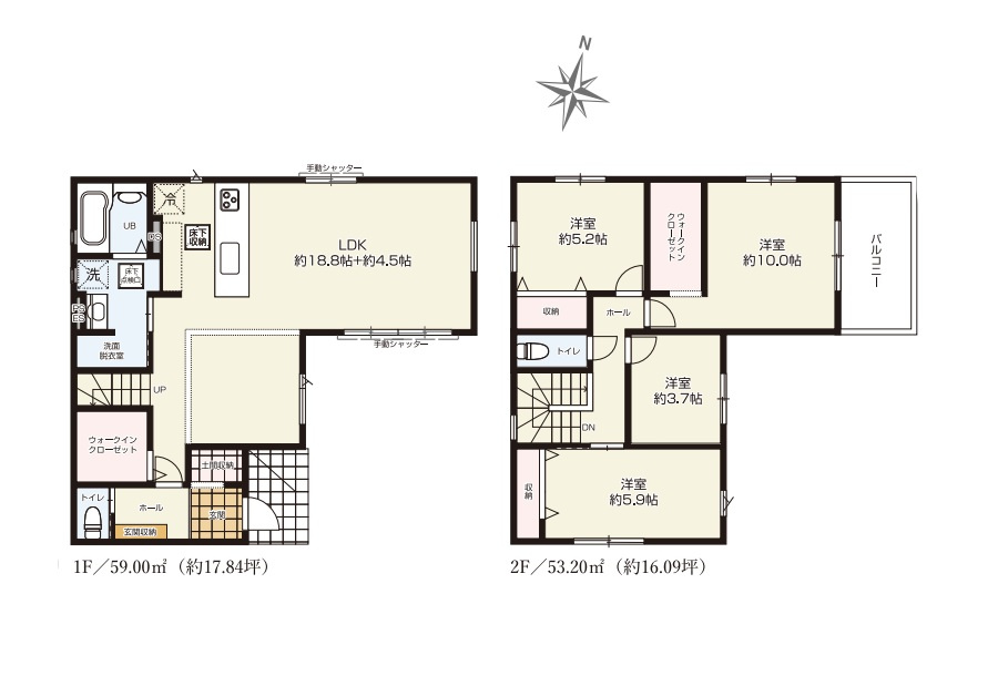 越谷市弥栄町２０期１号棟ケイアイグレース　新築戸建の間取り|各階にトイレや収納を備えた暮らしやすい4LDK。階層ごとの動線がスムーズで快適に生活できます。