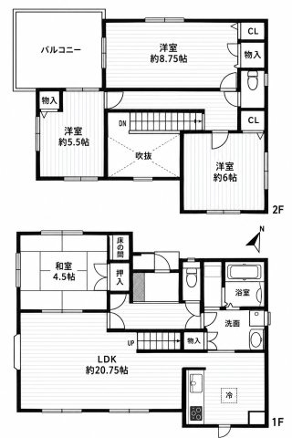野田市上花輪　中古戸建　平成20年築の間取り|20帖をこえるゆとりあるLDK。2階洋室も使い勝手の良い広さです♪