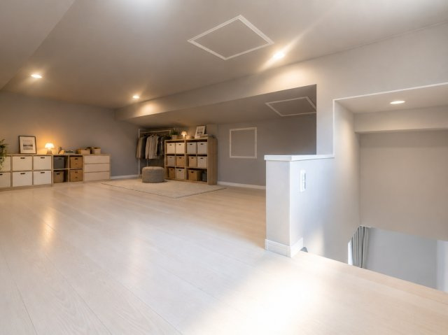 桂上豆田町　建築条件付土地　【新築参考Aプラン】|【施工例】
両手で運べる安定感とたっぷり収納の両方が叶う固定階段式ロフト。毎シーズン使う物やお子様の思い出の品などスッキリ収納！（※家具はCGによるイメージです）