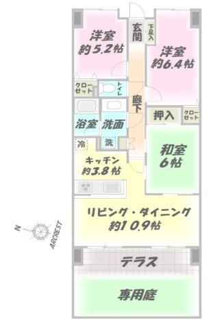 ダイアパレスUアリーナウエストウイングの間取り|専用庭付き1階部分、3LDKの間取りです。