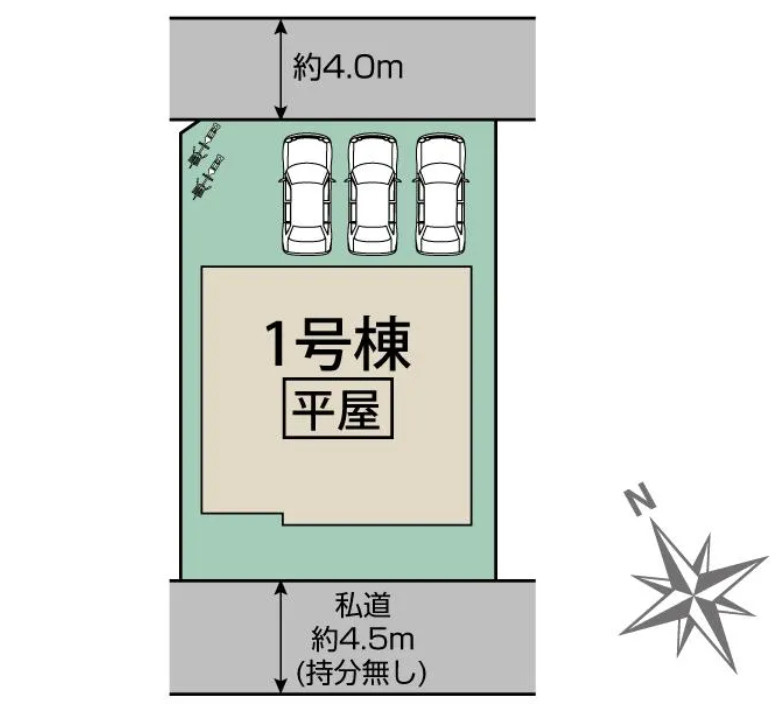 新築戸建 平屋 富士市天間全１棟 1号棟の区画図|南北2方向道路です