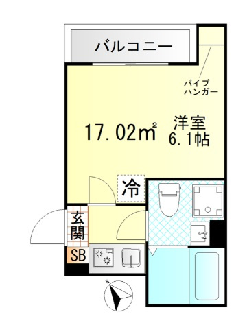 Valle Feliz雑色の間取り|北東向きバルコニー角部屋洋室6.1帖の1Kバストイレ別独立洗面台！