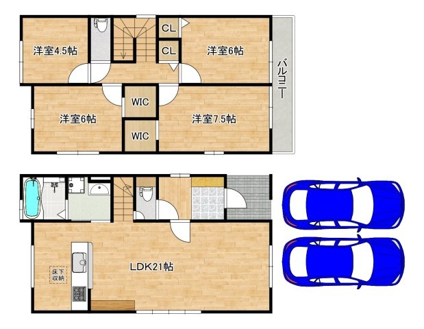 宮山台４丁目　新築分譲住宅の間取り|並列に駐車２台可能です！愛車の置き場所に困らないですね♪