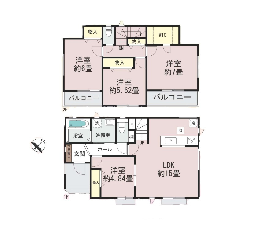 越谷市大林１号棟　新築戸建の間取り|1階に1部屋配した使い勝手の良い4LDK。客間やご高齢のご家族の部屋としても重宝する便利な間取りです。