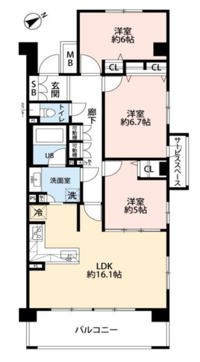 練馬区立野町　パークホームズ吉祥寺グランテラス　南東×北東の角住戸の間取り|3LDK　専有面積 77.98ｍ2　バルコニー面積 10.8ｍ2