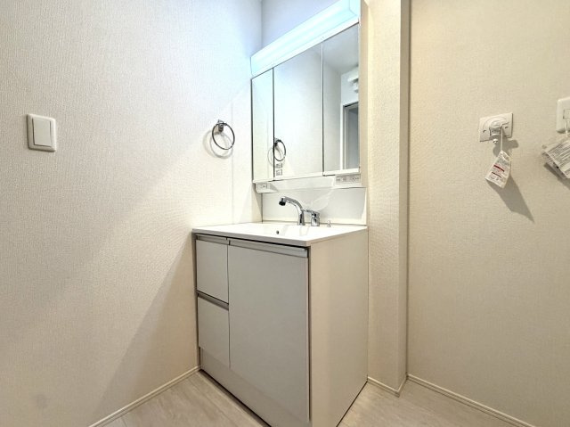 越谷市大間野町１１期１号棟グラファーレ　新築戸建の独立洗面台|三面鏡の裏側がまるごと収納スペースに。生活感を隠しながら洗面周りをいつも清潔に保てます。