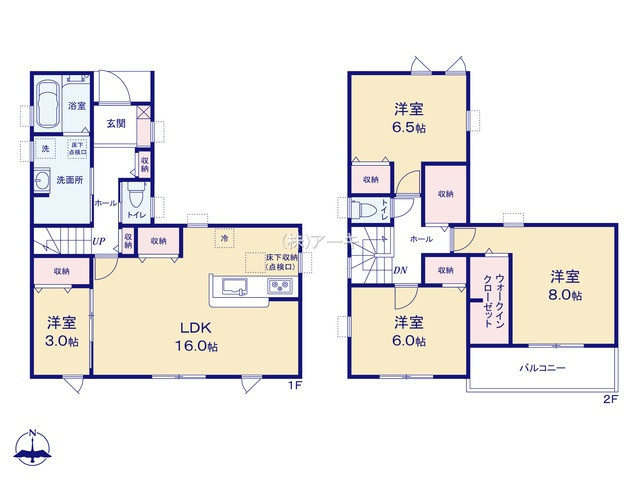 半田市岩滑高山町3丁目118-6『仲介手数料無料』新築一戸建て・建売の間取り|　2号棟　1F:LDK16帖に隣接する洋室3帖　CL設置！キッチン収納♪ゆとりの洗面室♪ホール収納♪玄関収納♪2F:主寝室8帖　WIC設置！洋室6.5帖・洋室6帖　CL設置♪ホール収納♪南面バルコニー