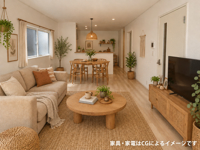 沼津市沢田町の新築一戸建の居間・リビング|明るく清潔感のあるＬＤＫ。北欧風やモダンなど好みの家具を合わせて楽しめます。※家具家電等はCG