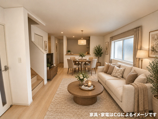 沼津市沢田町の新築一戸建の居間・リビング|明るく清潔感のあるＬＤＫ。北欧風やモダンなど好みの家具を合わせて楽しめます。※家具家電等はCGです