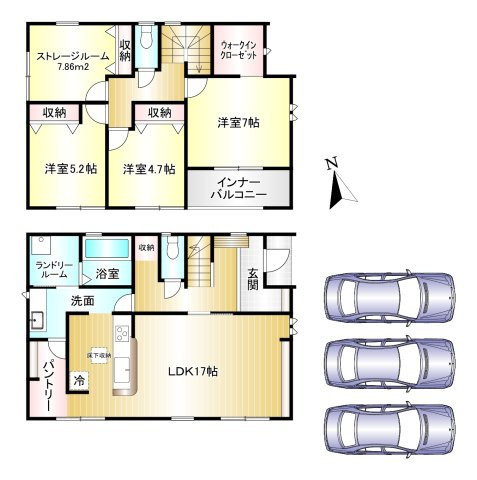 広陵町みささぎ台2期　全２棟の間取り|4LDK　土地面積：188.74ｍ2　建物面積：112.62ｍ2　駐車３台可