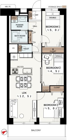 日商岩井常盤台マンションの間取り|3LDK　専有面積：61.60㎡　バルコニー：7.84㎡
対面キッチン・食洗器付きで日々の家事をサポート
浴室乾燥機のバスルーム
廊下に高さ調節ができる可動棚。充電できるコンセント付きの収納を設置