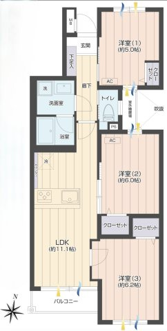 グランヴィル氷川台の間取り|3LDK 専有面積61.90㎡ バルコニー面積3.57㎡ 全居室フローリング仕様で清潔感があり、各所に収納を備えたスマートな設計です。南向きの明るい住空間で新生活をスムーズにスタートしていただけます。