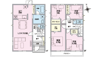 【間取り】 | 安芸郡熊野町城之堀1丁目　全10区画　NO6 | 広々とした19.5帖のLDKにパントリーを備えた4LDK。2階の全居室収納に加え1.5帖のウォークインクローゼットもあり収納力豊富です。各階トイレ配備で快適な暮らしをサポートします。