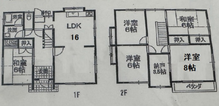 加古川市西神吉町宮前　の間取り|北西向きのバルコニーが設置された5LDKの木造2階建て。全居室6帖以上でゆとりがあります。納戸や押し入れを活用して室内を更に広く使うことが可能です。