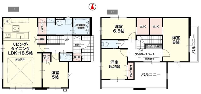 新築　高崎市町屋町1期　１号棟の間取り|建物面積118.20㎡　広々18.5帖のLDK♪パントリー・シューズインクローク・ウォークインクローゼット・各部屋収納付きで便利です！インナーバルコニーなので急な雨でもお洗濯物も安心です。