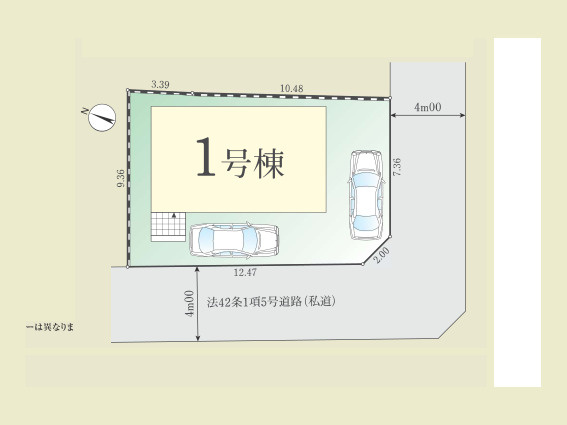 【土地図】 | 打越町新築戸建 | 図面の数字は敷地の各辺の長さ（m）、太線は道路に接する部分です。建物の配置や駐車スペースの目安がわかります。方位や隣地との関係は現地でご案内します。※図面と現況が異なる場合は現況優先。