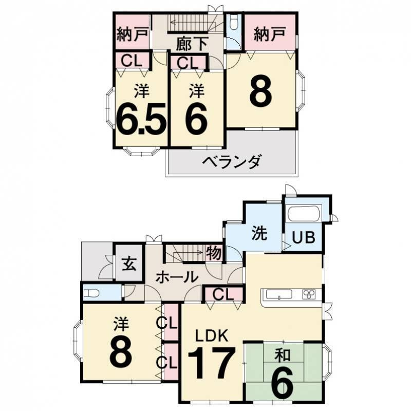 福井町　中古戸建　（リフォーム済）の間取り|5LDK　建物面積　135.11㎡　（約40.87坪）　1階　80.47㎡　2階　54.64㎡
土地面積　227.75㎡　（約68.89坪）