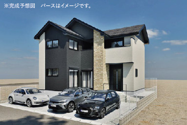 牛久市神谷11期　新築戸建て　1号棟の外観パース|モノトーンの配色が映える、スタイリッシュな外観デザイン。完成後は明るく開放的な印象の街並みが広がります。