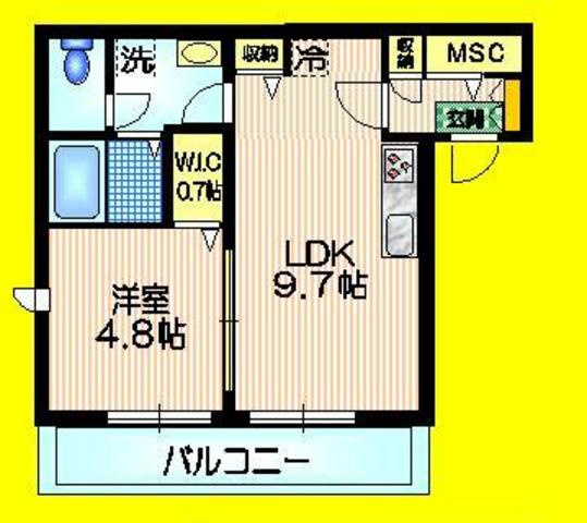 フルール八幡山の間取り|ＬＤＫ９.７帖　南向き ２面採光 最上階