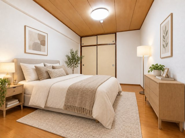 モンテベルデ北田辺の洋室|木目の床と天井が温かみを感じさせる一室。収納も備えているため、寝室として使っても室内をすっきり整理し