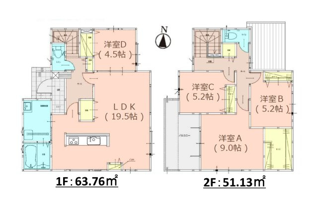 N・大野城市乙金東2丁目第5-1棟（1号棟）の間取り|全居室収納付きで便利です。