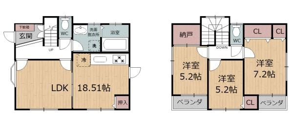 南鶴崎3丁目　戸建ての間取り|各部屋がゆったりと区切られた間取りで使いやすい設計です。収納スペースも充実しており生活動線にも配慮されています。1階と2階に分かれたレイアウトはプライベート空間を確保しやすいです。