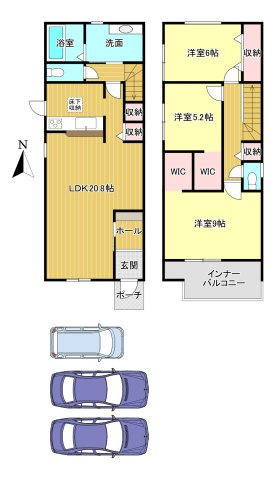 奈良市東九条町21期の間取り|土地面積：165.39ｍ2　建物面積：107.64ｍ2　駐車3台可能(車種による)