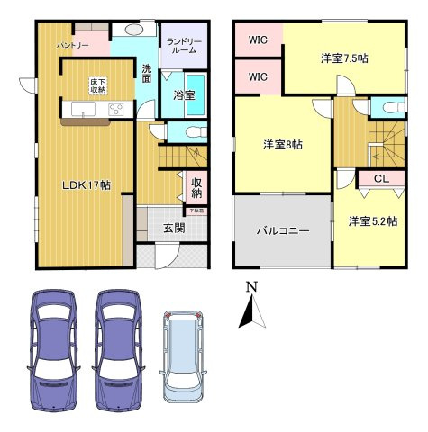 奈良市東九条町21期の間取り|土地面積：125.49ｍ2　建物面積：113.44ｍ2　駐車3台可能(車種による)