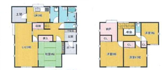 【間取り】 | 袖ケ浦市のぞみ野　中古戸建　長浦駅 | 各居室にクローゼット、２階主寝室には納戸を設け、収納豊富な暮らし心地良好な間取りです。
南向きで陽当たり良好♪