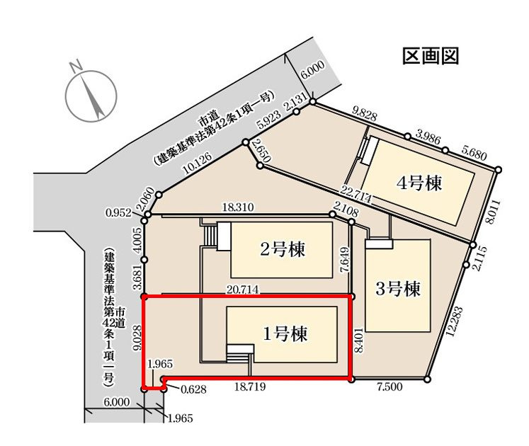 郡山市安積荒井本町　　　１号棟　　　安積第１小学校、安積中学区　の区画図|配置図