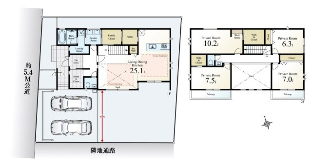 武蔵野市吉祥寺南町4丁目 限定1棟の間取り|土地面積223.01㎡　建物面積153.88㎡　2階建　4LDK　WIC　ファミリークローゼット　大型パントリー　SIC　お車並列2台駐車可能　南庭付