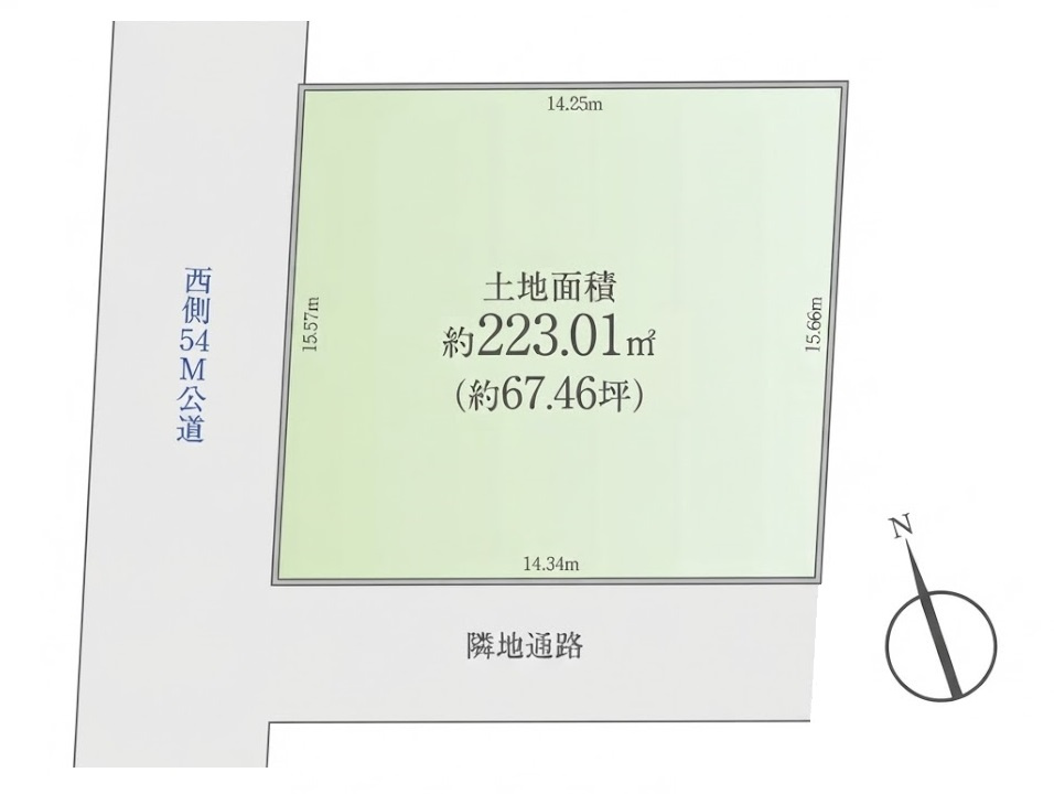 武蔵野市吉祥寺南町4丁目 限定1棟の区画図|土地面積223.01㎡　約67坪　ゆとり溢れる広々敷地
南面は隣地通路の為陽当り良好♪♪圧迫感もございません
人気の街「吉祥寺」エリアが暮らしの舞台