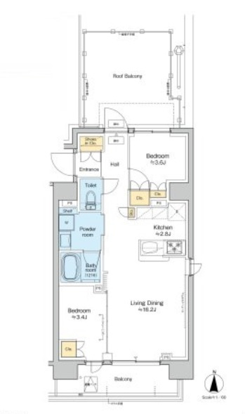 プラウドフラット西蒲田の間取り|南向きバルコニー南西角部屋の2LDK