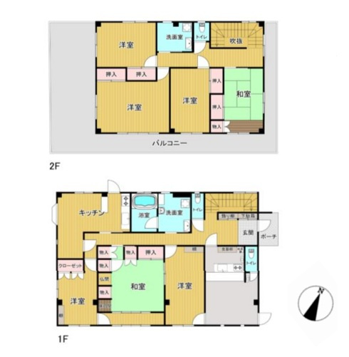 【間取り】 | 前橋市日吉町　中古住宅 | 開放感あふれる吹抜と圧倒的な部屋数を誇る7LDK＋屋外収納！各階に洗面・トイレを備え、豊富な収納で生活空間をすっきり保てるゆとりある住まいです。