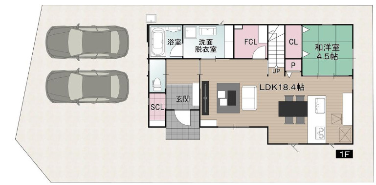 「家中スッキリ整う住まい」高知市東石立町2号地　新築一戸建ての間取り|18.4帖の大空間LDKと充実の収納配置！家事動線にも配慮された暮らしやすい1階間取り図です。