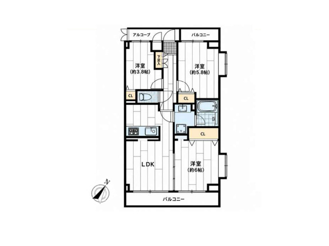 【間取り】 | エクレール第三相模原 | 3つの居室とゆとりあるLDKを備えた3LDKの中古マンション。家族が集まるリビングと個室のバランスがよい間取りです。回遊しやすい家事動線と豊富な収納で、忙しい毎日もゆとりをもって過ごせます。