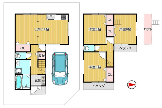 【間取り】 | 八尾市久宝寺1丁目 | 【室内水廻り設備一新！全面リフォーム済み☆全居室6帖あり♪1ヶ所ロフト付き♪食洗機・浴室乾燥機・TVモニターホン完備☆現況エネファーム給湯器☆トイレ2ヶ所♪】